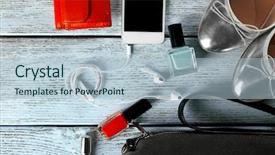  Presentation with accessories - PPT theme with women accessories - ladies handbag on wooden background background and a light blue colored foreground