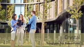 Presentation with building-women - Cool new slides with women-and-man-coworkers-talking backdrop and a coral colored foreground