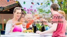  Presentation with skin care for men and women - Presentation enhanced with women and men celebrating garden party eating and drinking together background and a coral colored foreground