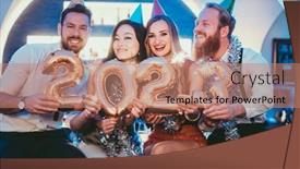  Presentation with new year - PPT theme consisting of women-and-men-celebrating background and a coral colored foreground