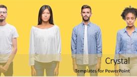  Presentation with men women are equal - Slide deck featuring women and men over colorful background and a  colored foreground