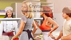  Presentation with cafeteria - Presentation design featuring women-at-cafeteria-buying-food background and a coral colored foreground
