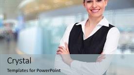  Presentation with office - Colorful slide deck enhanced with women bank - young business woman over office backdrop and a  colored foreground