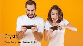  Presentation with video games playing - Beautiful PPT theme featuring women battle - image of joyful man backdrop and a gold colored foreground