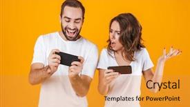  Presentation with role play woman and man - Presentation design consisting of women battle - image of pleased man background and a  colored foreground