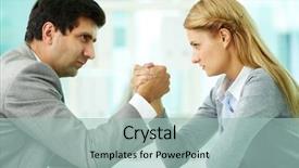  Presentation with meeting table - Presentation theme having women battle - man and woman in arm background and a light blue colored foreground