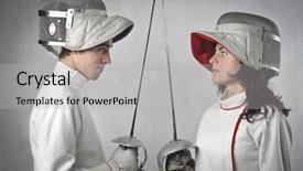  Presentation with face match - Amazing theme having women battle - two fencers facing each other backdrop and a light gray colored foreground