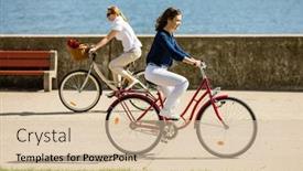  Presentation with biking - Amazing PPT theme having women biking on pier backdrop and a soft green colored foreground