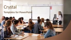  Presentation with high school - Presentation design consisting of women career inspiration - female high school teacher standing background and a  colored foreground