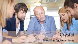  Presentation with women meeting - Beautiful presentation theme featuring women career inspiration - group of pensive business people backdrop and a  colored foreground