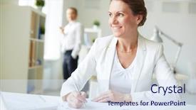  Presentation with inspiration - Cool new PPT theme with women career inspiration - image of happy businesswoman sitting backdrop and a sky blue colored foreground