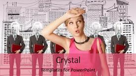  Presentation with head - Cool new theme with women career inspiration - woman and lamp head businesspeople backdrop and a coral colored foreground