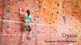  Presentation with rock climbing - PPT theme having women challenges - woman climbing up rock wall background and a coral colored foreground