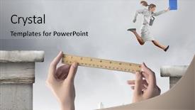  Presentation with gap - Presentation theme having women challenges - young businesswoman jumping over gap background and a light gray colored foreground