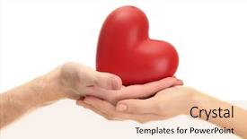 Presentation with man head in hands - PPT theme having women charity - red heart in woman background and a coral colored foreground