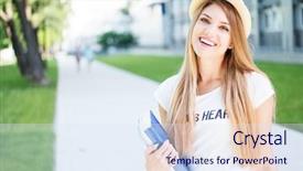  Presentation with teen girl - Audience pleasing PPT theme consisting of women colleges - cheerful blond student teen girl backdrop and a  colored foreground