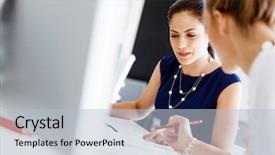  Presentation with female - PPT theme with women conference - two female colleagues in office background and a light blue colored foreground