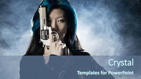  Presentation with gun - Presentation design enhanced with women crime - asian beauty holding gun background and a ocean colored foreground