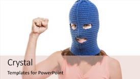  Presentation with crime - Amazing PPT theme having women crime - woman wearing balaclava or mask backdrop and a lemonade colored foreground