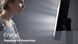  Presentation with computer security shield antivirus - PPT theme enhanced with women crime - young woman enlighted by computer background and a gray colored foreground