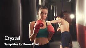  Presentation with boxer - Presentation design consisting of women defence - portrait of young female boxer background and a dark gray colored foreground