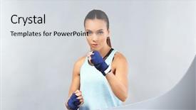  Presentation with boxing woman and a tawny - Slide deck featuring women defence - strong boxer woman on grey background and a sky blue colored foreground