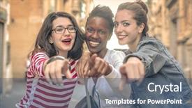  Presentation with three - Colorful theme enhanced with women diversity - three friends pointing at something backdrop and a ocean colored foreground