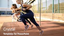  Presentation with group training - Colorful PPT theme enhanced with women-doing-exercise-outdoors-group backdrop and a coral colored foreground