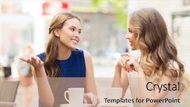  Presentation with people talking - Colorful theme enhanced with smiling young women drinking coffee backdrop and a coral colored foreground