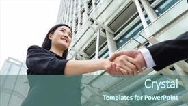  Presentation with hand shake telephone - Colorful theme enhanced with women education - businesswoman with hand shaking backdrop and a ocean colored foreground