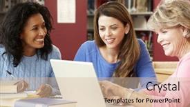  Presentation with library - Slide set enhanced with women education - mature students working in library background and a soft green colored foreground