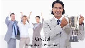  Presentation with award - Beautiful PPT theme featuring women eith award - close-up of a businessman smiling backdrop and a light gray colored foreground