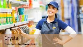  Presentation with supermarket - PPT theme having women emporment - beautiful supermarket saleswoman standing background and a coral colored foreground