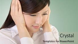  Presentation with stress - Audience pleasing PPT theme consisting of women emporment - stress of business woman image backdrop and a soft green colored foreground