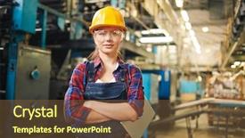  Presentation with woman engineer - PPT layouts enhanced with portrait of young woman in protective glasses in the factory background and a tawny brown colored foreground