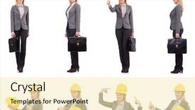  Presentation with white and black woman climbing ladders - Beautiful theme featuring women engineer - woman architect isolated on white backdrop and a  colored foreground