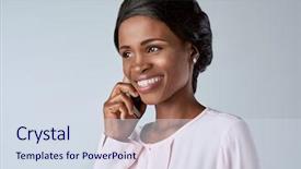  Presentation with beautiful black women smiling - PPT theme consisting of women entrepreneurs - beautiful black african woman talking background and a sky blue colored foreground