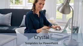  Presentation with home office - Beautiful slide set featuring women entrepreneurs - mature successful business woman looking backdrop and a light blue colored foreground