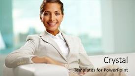  Presentation with successful women entrepreneurs - Cool new slides with women entrepreneurs - portrait of successful female sitting backdrop and a soft green colored foreground