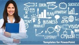 Presentation with business women - PPT theme consisting of women entrepreneurs - young businesswoman near business scheme background and a teal colored foreground