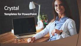  Presentation with desk - Beautiful presentation theme featuring women entrepreneurs - young female working sitting backdrop and a dark gray colored foreground