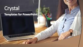  Presentation with desk - PPT theme enhanced with women entrepreneurs - young female working sitting background and a dark gray colored foreground