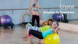  Presentation with gym ball - PPT theme consisting of women exercising on exercise ball with female trainer in gym background and a light blue colored foreground