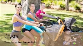  Presentation with baby - Amazing theme having women exercising with baby stroller backdrop and a coral colored foreground