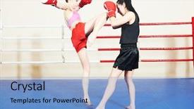  Presentation with thai boxing - Beautiful theme featuring women fighting at training boxing backdrop and a light blue colored foreground