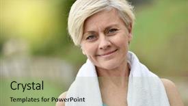  Presentation with senior fitness - Cool new slide deck with women fitness exercise - portrait of athletic senior woman backdrop and a mint green colored foreground