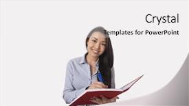  Presentation with pen - Beautiful PPT theme featuring women formal wear office - portrait of happy businesswoman backdrop and a white colored foreground