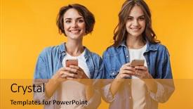  Presentation with nurses and mobile phones - Audience pleasing presentation design consisting of women friends isolated over yellow backdrop and a gold colored foreground