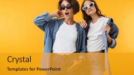  Presentation with amazing - Cool new PPT layouts with women friends isolated over yellow backdrop and a  colored foreground