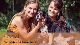  Presentation with animal shelter - Presentation theme with women-friends-playing-with-dogs background and a coral colored foreground